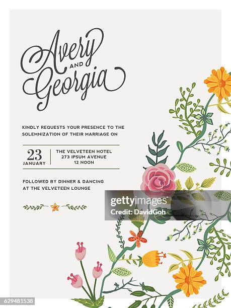 floral hochzeit einladung vorlage - hochzeitseinladung stock-grafiken, -clipart, -cartoons und -symbole