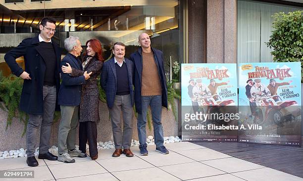 Morgan Bertacca, Giovanni Storti, Silvana Fallisi, Giacomo Poretti and Aldo Baglio attend a photocall for 'Fuga Da Reuma Park' at Visconti Palace on...