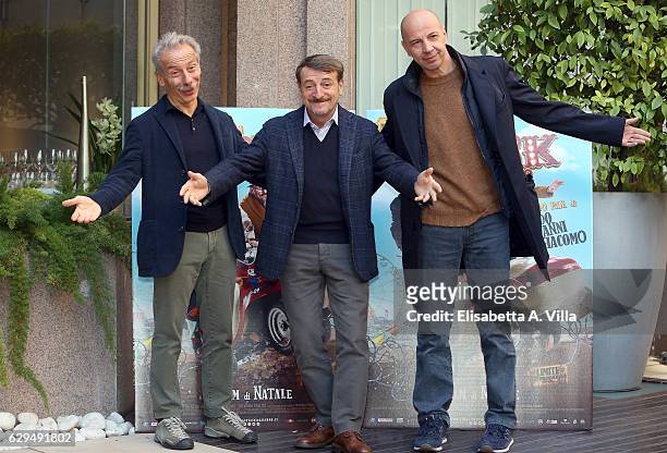 Giovanni Storti, Giacomo Poretti and Aldo Baglio aka Aldo Giovanni e Giacomo attend a photocall for 'Fuga Da Reuma Park' at Visconti Palace on...