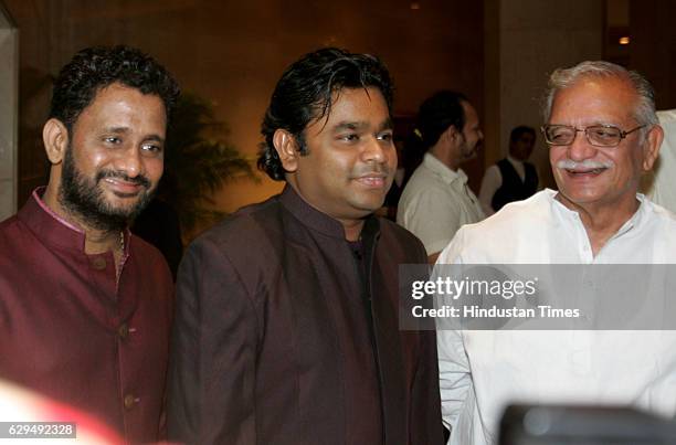 Film sound designer Resul Pookutty, AR Rahman and Gulzar at the release of Pookuttys autobiography in Malayalam Shabdatharapadham, at a suburban...