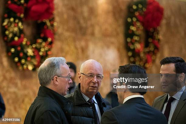 Klaus Schwab , Executive Chairman of the World Economic Forum, stops in the lobby at Trump Tower, December 13, 2016 in New York City. President-elect...