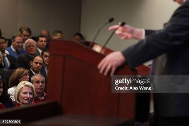 Callista Gingrich listens to her husband and former Speaker of the House Newt Gingrich speaks during a discussion at the Heritage Foundation December...