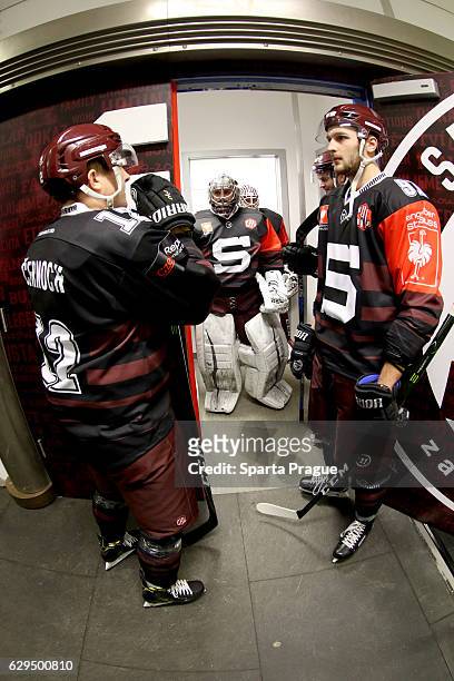 Sparta Prague players getting ready for the Champions Hockey League Quarter Final match between Sparta Prague and SC Bern at O2 Arena Prague on...