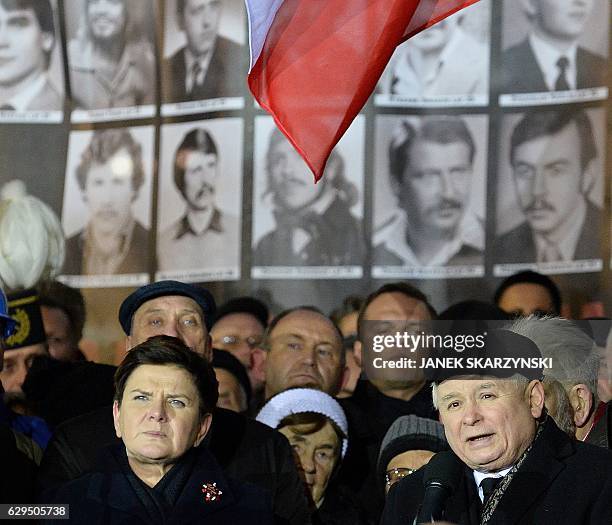 Leader of PiS party Jaroslaw Kaczynski and Polish Prime Minister Beata Szydlo attend a rally on the 35th anniversary of the martial law in Warsaw on...