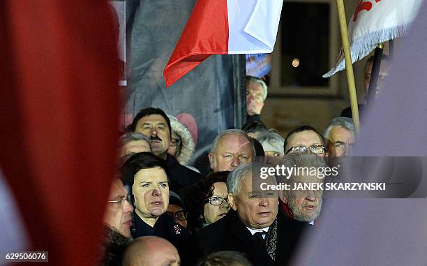 Leader of PiS party Jaroslaw Kaczynski and Polish Prime Minister Beata Szydlo attend a rally on the 35th anniversary of the martial law in Warsaw on...