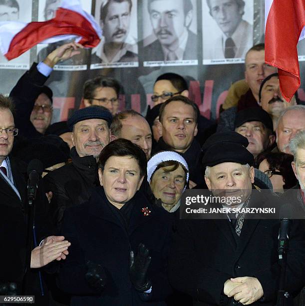 Leader of PiS party Jaroslaw Kaczynski and Polish Prime Minister Beata Szydlo attend a rally on the 35th anniversary of the martial law in Warsaw on...