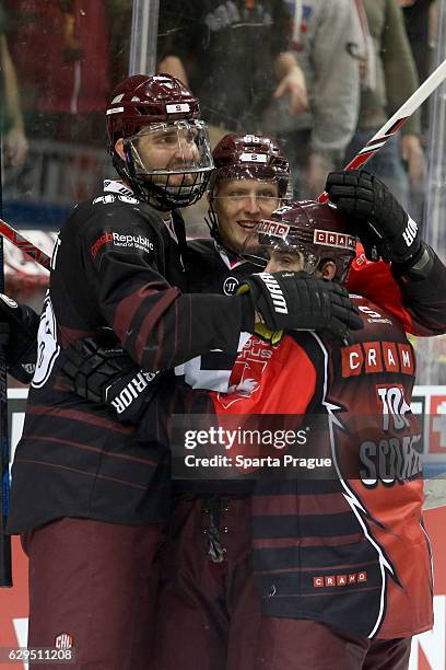 Sparta Prague players celebrate a goal during the Champions Hockey League Quarter Final match between Sparta Prague and SC Bern at O2 Arena Prague on...