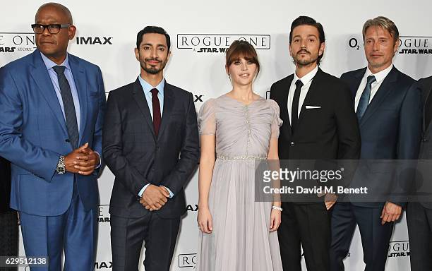 Cast members Forest Whitaker, Riz Ahmed, Felicity Jones, Diego Luna and Mads Mikkelsen attend a fan screening of "Rogue One: A Star Wars Story" at...
