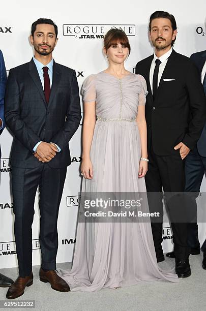 Riz Ahmed, Felicity Jones and Diego Luna attend a fan screening of "Rogue One: A Star Wars Story" at the BFI IMAX on December 13, 2016 in London,...