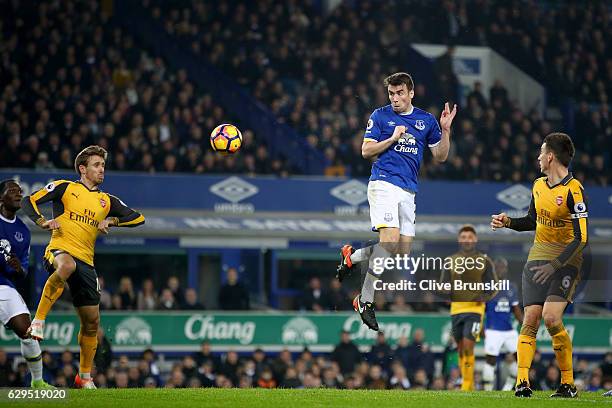 Seamus Coleman of Everton scores a goal to level the scores at 1-1 during the Premier League match between Everton and Arsenal at Goodison Park on...