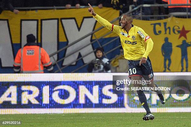Sochaux's French forward Moussa Sao celebrates after scoring a goal during the French League Cup football match Sochaux vs Olympique de Marseille ,...