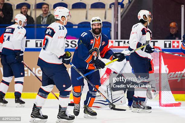 Linus Froberg of Vaxjo Lakers celebrates the goal by Calle Rosen of Vaxjo Lakers to 3-2 during the Champions Hockey League Quarter Final match...