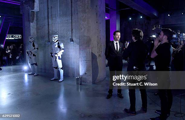 Diego Luna is interviewed at the launch event and reception for Lucasfilm's highly anticipated, first-ever, standalone Star Wars adventure "Rogue...