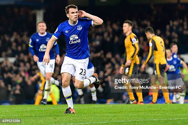Seamus Coleman of Everton celebrates his goal during the Barclays Premier League match between Everton and Arsenal at Goodison Park on December 13,...