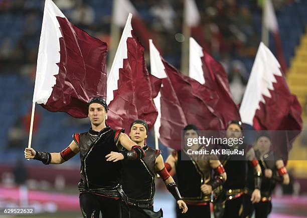 Performers show their skills before the Qatar Airways Cup match between FC Barcelona and Al-Ahli Saudi FC on December 13, 2016 in Doha, Qatar.