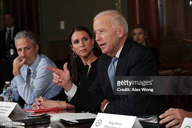 Vice President Joseph Biden speaks during a roundtable on the Cancer Moonshot Initiative as comedian Jon Stewart and WWE Chief Brand Officer...