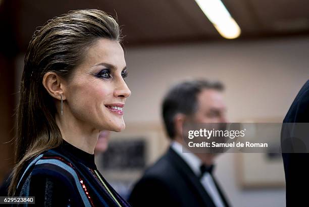 Queen Letizia of Spain attends a dinner in honour of 'Mariano de Cavia', 'Mingote' and 'Luca de Tena' awards winners at ABC on December 13, 2016 in...