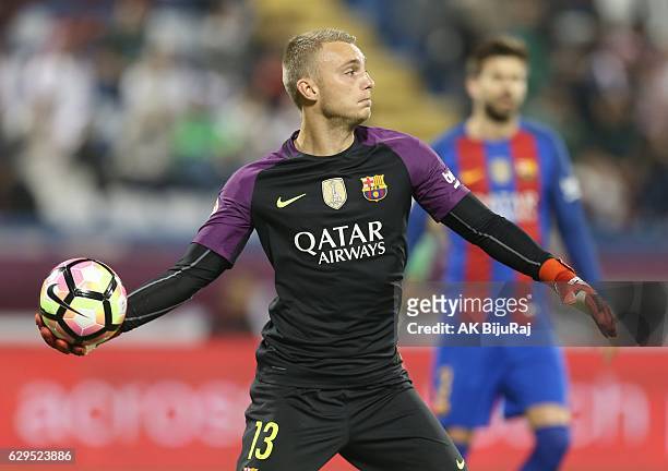 Goal keeper Jasper Cillessen of Barcelona in action during the Qatar Airways Cup match between FC Barcelona and Al-Ahli Saudi FC on December 13, 2016...