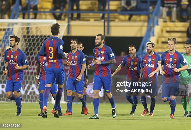 Barcelona team clebrates scoring a goal against Al-Ahli Saudi FC during the Qatar Airways Cup match between FC Barcelona and Al-Ahli Saudi FC on...