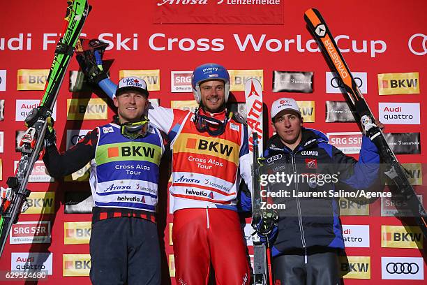 Romain Detraz of Switzerland takes 1st place, Brady Leman of Canada takes 2nd place, Jean Frederic Chapuis of France takes 3rd place during the FIS...