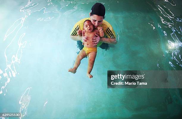 Joao Guilherme, who has microcephaly and turned one-year-old on October 28, receives aquatic physiotherapy treatment with Dr. Karen Maciel at a...