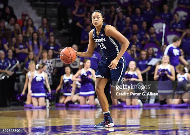 Forward Napheesa Collier of the Connecticut Huskies dribbles up court against the Kansas State Wildcats during the first half on December 11, 2016 at...