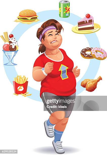 exercising, diet and self-control - fat female cartoon characters stock illustrations