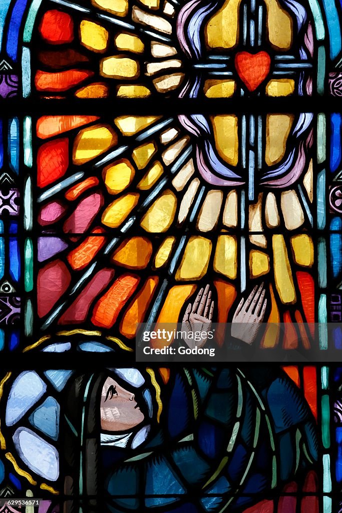 Sacred Heart Basilica, Paray-le-Monial. Stained glass window. St. Margaret Mary Alacoque (1647-1690), was a French Roman Catholic nun, who promoted devotion to the Sacred Heart of Jesus.