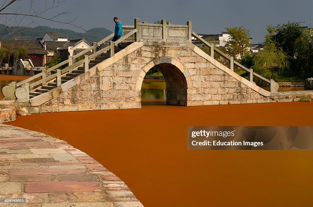 Man walking over stone bridge with bright red algae on Longxi river