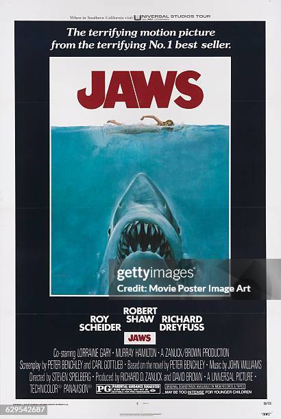 Poster for the 1975 American film 'Jaws', directed by Steven Spielberg for Universal Studios.