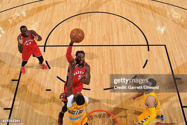 DeMarre Carroll of the Toronto Raptors goes up for a shot during a game against the Denver Nuggets on November 18, 2016 at the Pepsi Center in...