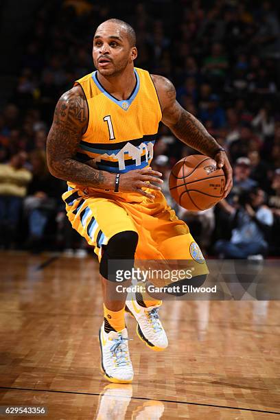 Jameer Nelson of the Denver Nuggets handles the ball during a game against the Toronto Raptors on November 18, 2016 at the Pepsi Center in Denver,...