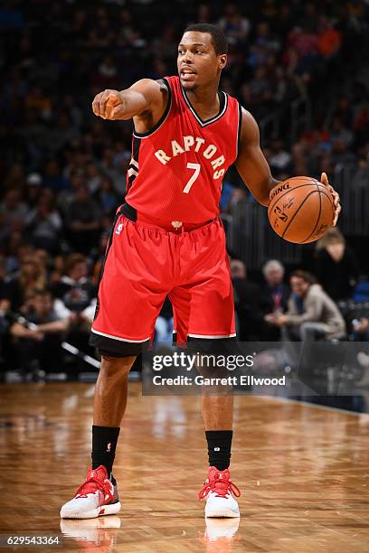 Kyle Lowry of the Toronto Raptors calls a play during a game against the Denver Nuggets on November 18, 2016 at the Pepsi Center in Denver, Colorado....