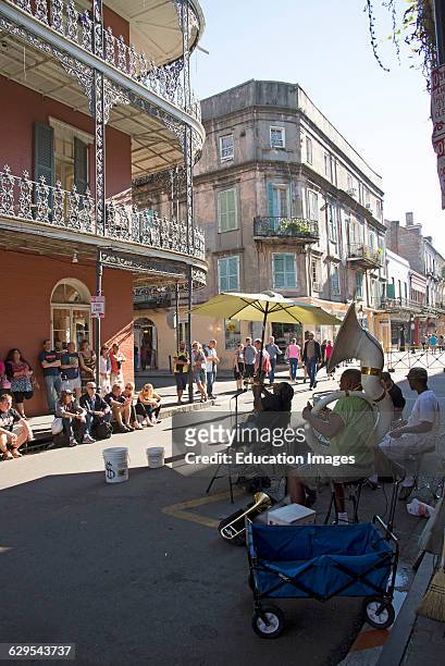 Street musicians play jazz New Orleans USA.