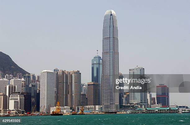 Two International Finance Center and the Bay of Hong-Kong in China.