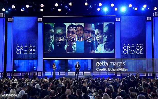 Singer/actor Justin Timberlake presents the award for Best Acting Ensemble, won by the cast of "Moonlight," during the 22nd Annual Critics' Choice...