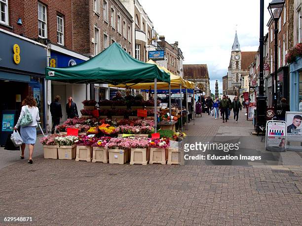 Market stalls in Dorchester Town Centre, Dorset, UK.