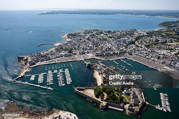 Aerial view over Concarneau in Brittany, Finistere department, fortifications, Breton seaside resort, Walled town, Marina, sailing resort, yachting...