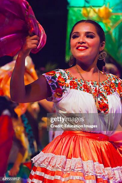 Female Folk Dancer Performs In The Plaza De La Danza During The Guelaguetza Festival In July, Oaxaca, Mexico.