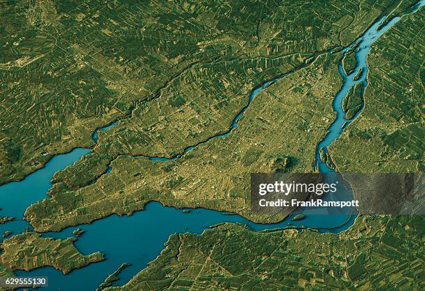 montreal 3d landscape view south-north natural color - satellite map canada stock pictures, royalty-free photos & images