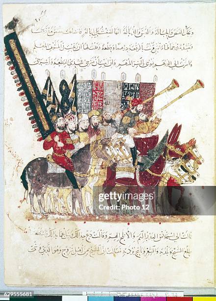 Al-Maqamat by Al-Hariri: Departure of pilgrims on their way to Mecca. 1237Illuminated Arab manuscript no5847, f.19rParis, Bibliotheque Nationale de...