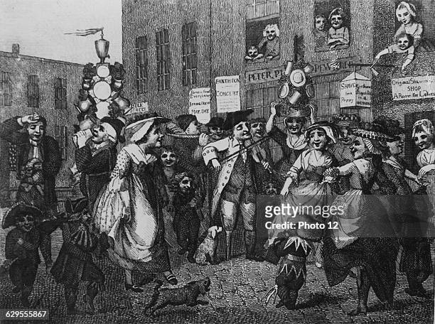 Samuel CollingsEnglish school"May Day "; showing milkmaids with garlands and chimney sweep boys dancing outside a pewterer's and a barber's premises...