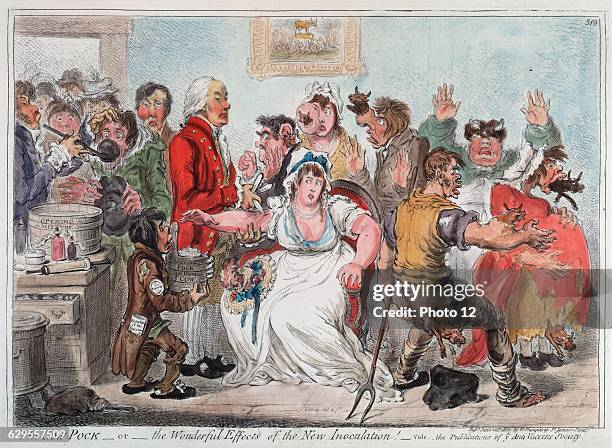 Gilray cartoon on vaccination against Smallpox using Cowpox serum, 1802. In 1796 the English physician Edward Jenner proved efficacy of practice, but...