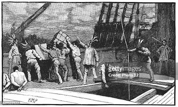 Boston Tea Party, 16 December 1773. Inhabitants of Boston, Massachusetts, dressed as American Indians, throwing tea from vessels in the harbour into...