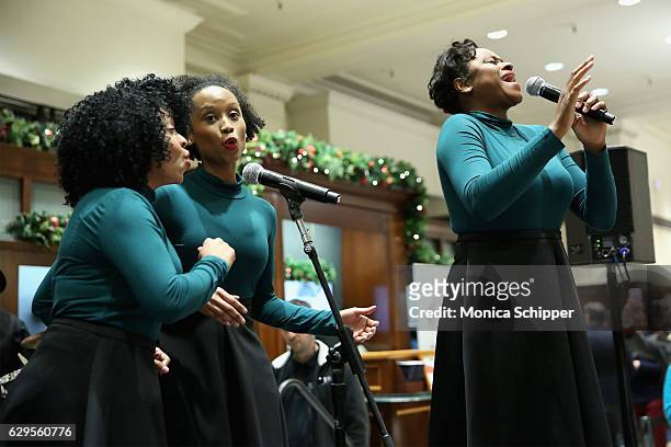 The boys and girls choir of Harlem perform onstage during an evening hosted by Brooks Brothers to celebrate the holidays with St. Jude Children's...