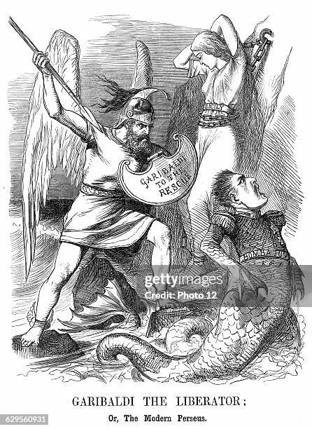 Giuseppe Garibaldi , Italian Patriot, conquering Sicily and Naples on behalf of the new kingdom of ItalyJohn Tenniel cartoon from "Punch"16 June...