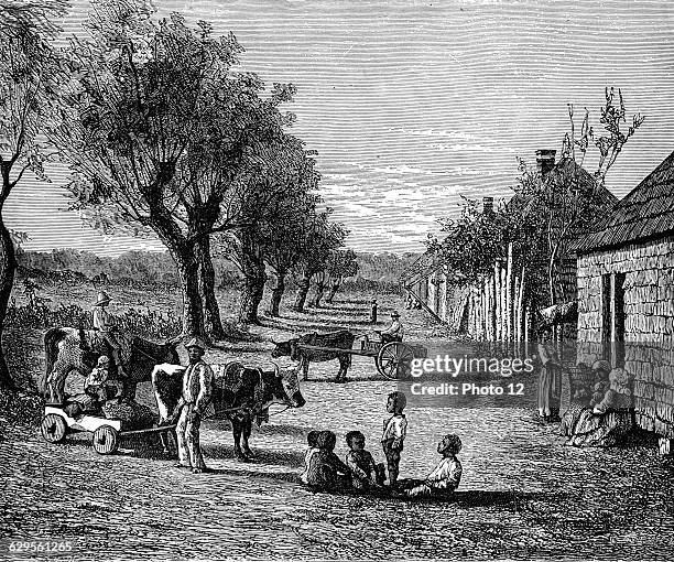 Slave quarters on a plantation in Georgiac1860Wood engravingUSA.