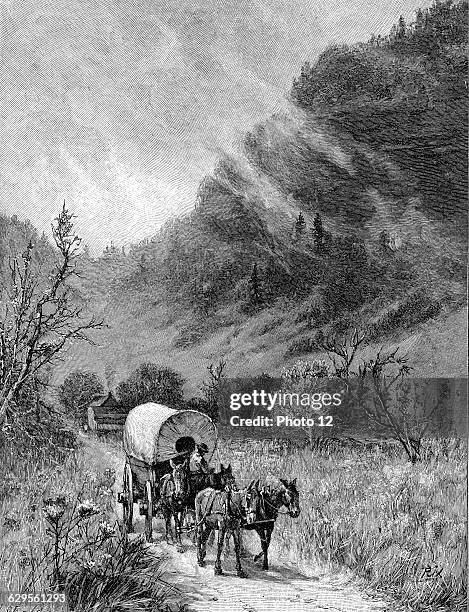 Mule wagon passing through the Cumberland Gap, Kentucky. 1886 Wood engraving"Harper's Magazine".