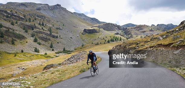 Bikes on the road leading the the "Col de la Bonette" mountain pass, Mercantour National Park in the French Alps.