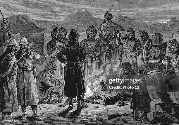 Second Anglo-Afghan War : British position at Sherpore, Cabul . Gatling gun bastion making ready to repel attack by the Ghazis, 23 December...